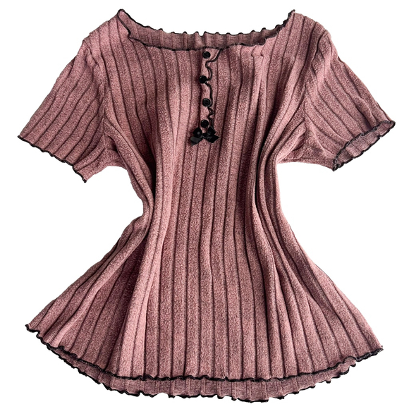 Unbranded Tops - Mauve Ribbed Knit Henley Top Ruffle Trim and Bow Womens L Coquette Y2K Preppy